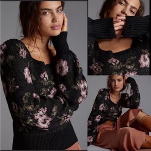 Anthropologie NEW Square Neck Puff-Sleeve Rose Sweater